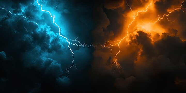 Dramatic split image of a stormy sky, showcasing contrasting blue and orange lightning bolts amidst dark clouds