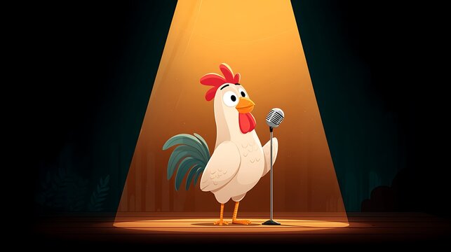 Cartoon chicken performing stand-up comedy on stage under a spotlight with a microphone in a dark background