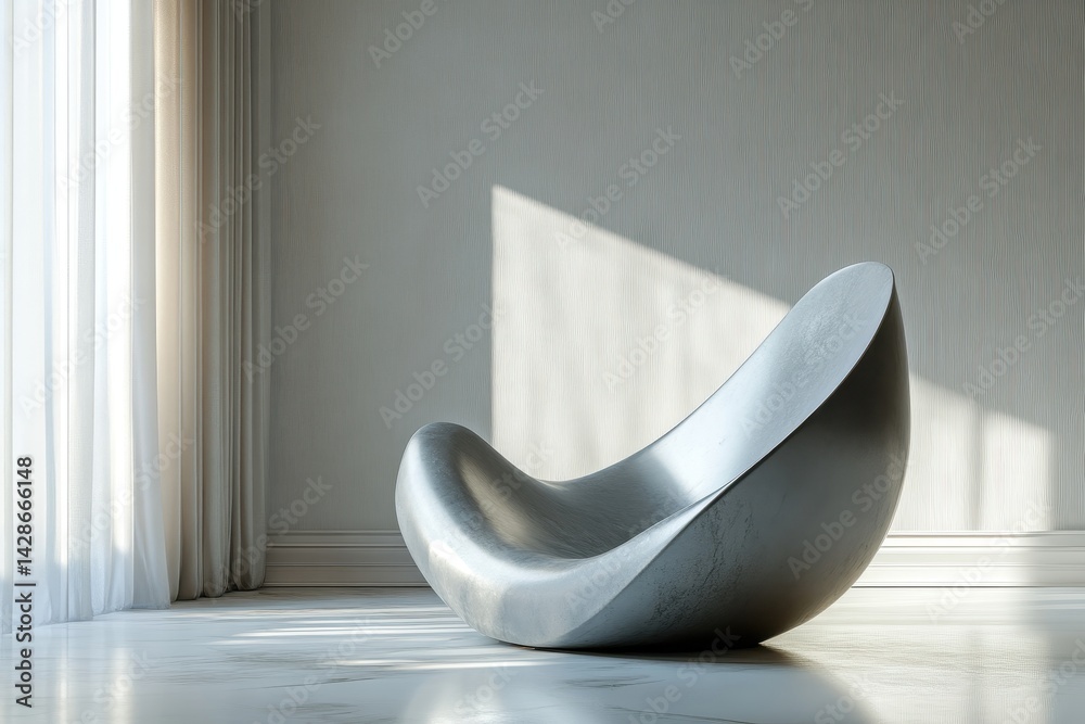 Poster modern curved seating in a bright and airy room with soft natural light streaming through sheer curt