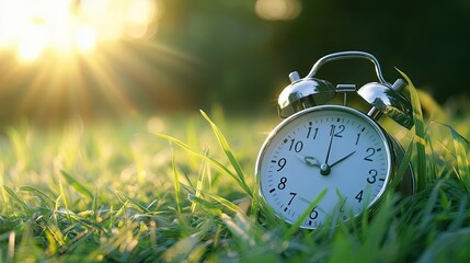 Vintage alarm clock resting amidst verdant grass bathed in the warm glow of sunrise