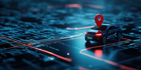 modern car model is positioned on digital map, highlighted by glowing lines and location pin, symbolizing navigation and technology. scene conveys futuristic feel