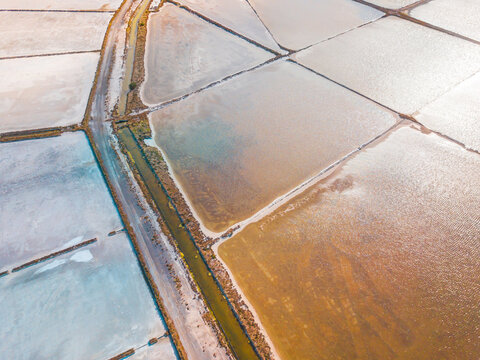 Aerial view of salt evaporation ponds of various shapes