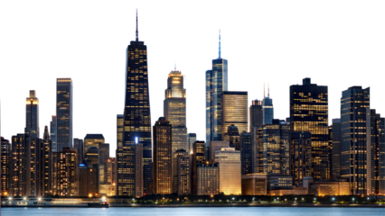 Panoramic night city skyline isolated on transparent background. Png