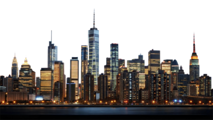 Panoramic night city skyline isolated on transparent background. Png