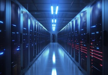 Fototapeta premium Modern data center corridor with sleek server cabinets and glowing blue and red LED indicators. Ideal for IT infrastructure, cybersecurity, and high-performance computing visuals