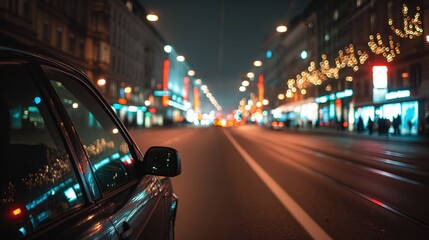 Nighttime City Street View Through Car Window with Bokeh Lights and Reflections, Atmospheric Perspective, Soft Ambient Glow, Perfect for Urban Nightscape and Traffic Photograph