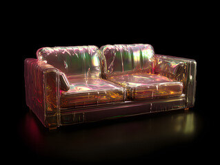 Fototapeta premium Elegant Transparent Sofa with Holographic Reflection in Dark Studio Setting