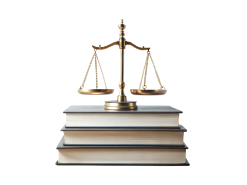 Scales of justice on stack of books isolated on transparent background. Png