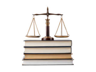 Scales of justice on stack of books isolated on transparent background. Png