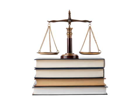 Scales of justice on stack of books isolated on transparent background. Png - Powered by Adobe