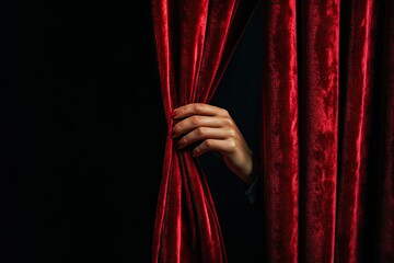 A hand gently pulls back rich, crimson velvet curtains, revealing darkness beyond
