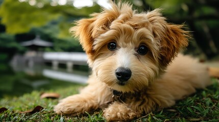 Cute fluffy puppy relaxing by a calm lake in a lush park on a sunny day, enjoying nature and fresh air