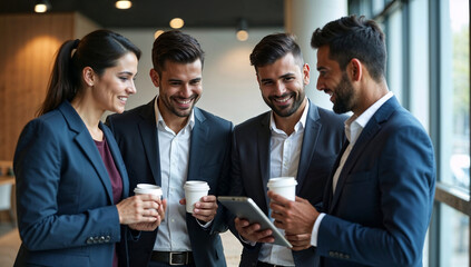 Indian business people casually discussing work using tablet during coffee break in modern office pantry with relaxed team communication atmosphere