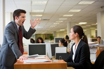 Furious businessman shout at female employee working in shared office