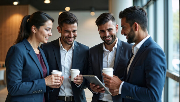 Indian business people casually discussing work using tablet during coffee break in modern office pantry with relaxed team communication atmosphere