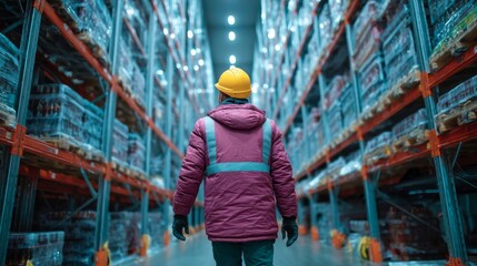 food safety contamination control. Person with Hard Hat in Vast Warehouse Aisle Examining Shelves Loaded with Product Inventory.