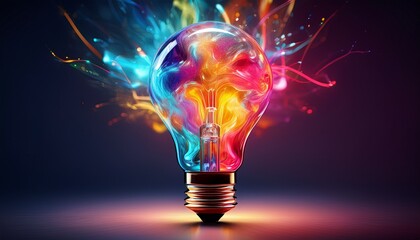 a colorful glowing idea bulb lamp banner visualization of brainstorming bright idea and creative thinking copy space generative ai