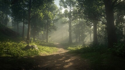 Fototapeta premium Sunlit Forest Path: A Mystical Morning Walk