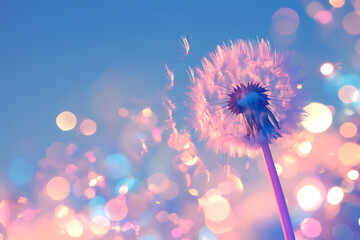 close-up of a dandelion seed head against a blue background with blurry bokeh lights
