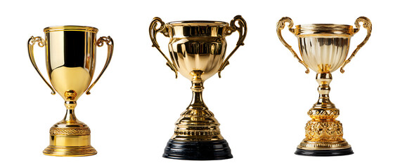 three golden trophies standing side by side , Isolated on transparent background , PNG File.