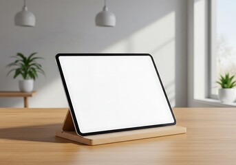 Fototapeta premium Tablet screen with white space, supported on a wooden table stand in a cozy and modern environment, ideal for application mockups.