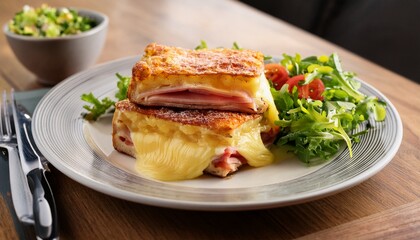 a beautifully plated croque monsieur with layers of ham and melted cheese served with a small salad french bistro style
