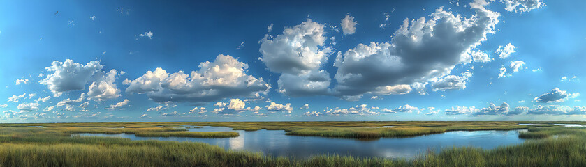 Obraz premium expansive sky with low clouds over wide wetlands,