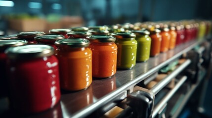food safety contamination control. Row of Jars on Automated Production Line Conveyor Belt for Food Preserves Manufacturing Process.