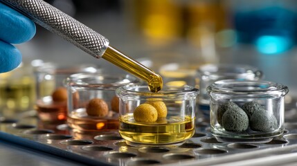 food safety contamination control. Scientific Lab Research Dropping Oil into Sample Jars with Spherical Solid Objects.