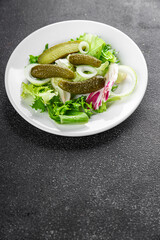 Pickle salad gherkins pickled cucumbers mixed green leaf lettuce appetizer vegetables dish organic fresh tasty gourmet food background on the table food top view copy space vegetarian vegan food