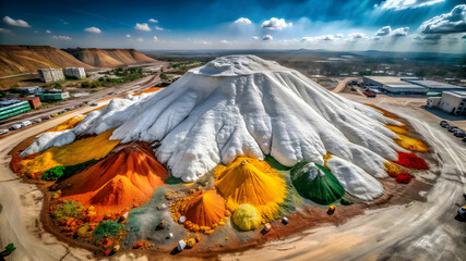 Arial view of a white mountain with multicolor powder scattered around