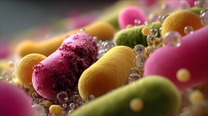 food safety contamination control. Vivid Microscopic World Bacteria Cells Scientific Visualization Detailed Rendering Colorful Forms.