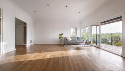 a 3d rendering of an airy minimalist scandinavian interior complete with a wooden floor extensive white walls and a soothing nordic design theme