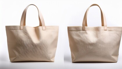 a beige canvas tote bag complete with long handles for carrying daily essentials is presented on a white background and can also be found isolated on a white background in