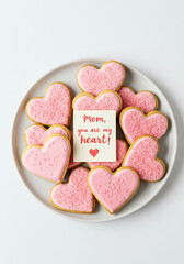 Heart-shaped cookies with pink frosting and a loving message for mom, presented on a plate.