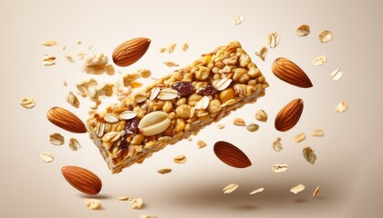 a close up of a crunchy granola bar floating in mid air with scattered oat flakes and nuts a dynamic and clean food photography concept with a light beige background