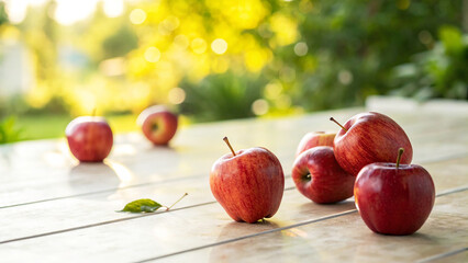 Red Apples on table in Natural background, Red Apple on table in natural sunny day background