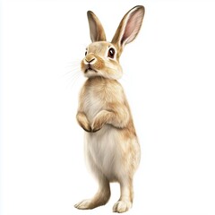 Obraz premium A funny rabbit standing on its hind legs, with oversized ears and a playful expression, isolated against a clean white background. 