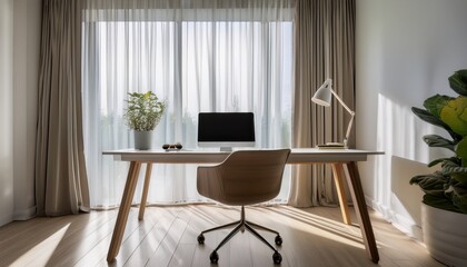 a sleek modern desk in front of a bright window with sheer curtains accompanied by a simple chair the workspace is organized and clutter free emphasizing natural light