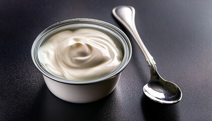 a small container filled with creamy yogurt and silver spoon