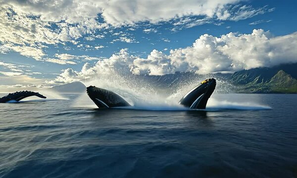 Three humpback whales breaching the ocean surface near a lush green coastline under a cloudy sky