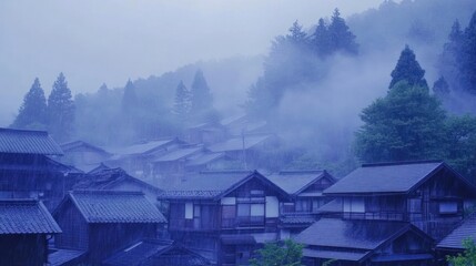 Misty Mountain Village: A Tranquil Rain-Soaked Scene in Japan