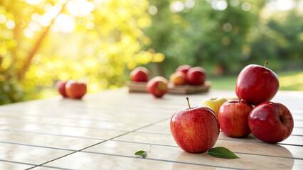 Red Apple on table in Natural sunny day background, Red Apples on table in natural background