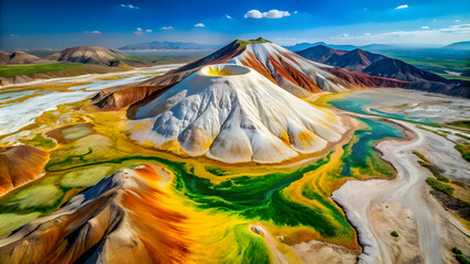Arial view of a white mountain with multicolor powder scattered around