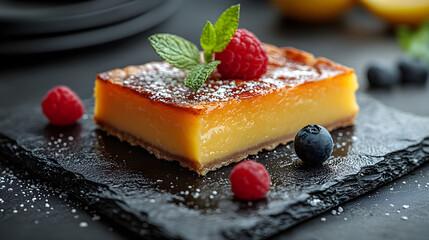 Lemon Tart presented on a black textured surface with elegant side garnishing