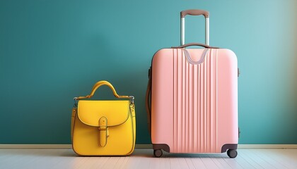 a light pink suitcase stands on a white floor beside a vibrant yellow handbag evoking a cheerful vacation spirit perfect for summer getaways