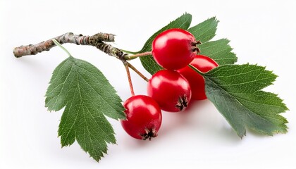red hawthorn berries on branch with green leaves isolated on white background