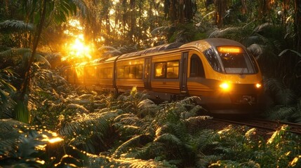 Jungle train at sunset Ferns trees  golden light surround a yellow train on the tracks