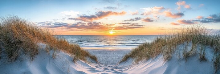 Coastline beach landscape with white sand dunes and grasses against scenic ocean sunset