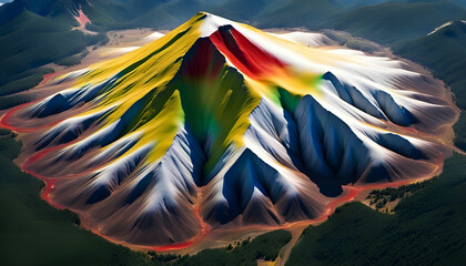 Arial view of a white mountain with multicolor powder scattered around